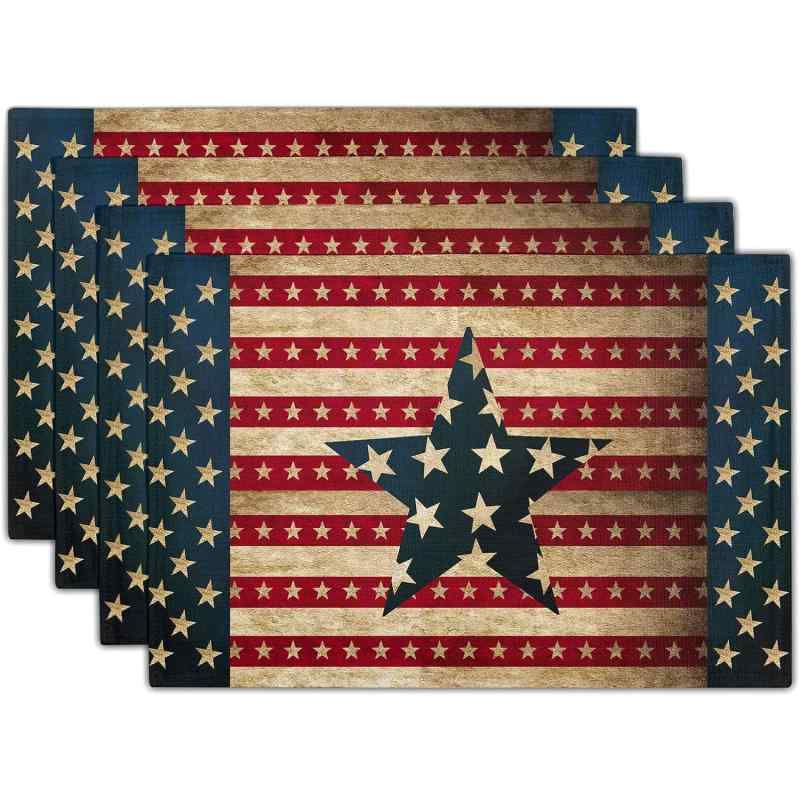 ランチョンマット ストライプ 星柄 レッド ポリエステル製 洗える お手入れ簡単 季節のパーティー イベント 食卓 ダイニング キッチン リビング テーブルデコレーション(x4)