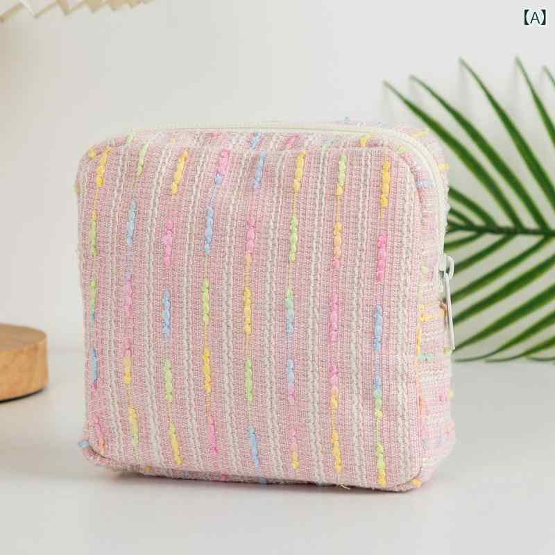 ポーチ レディース 大容量 化粧品 コスメ 生理用品 洗面用品 収納 ストライプ柄 虹色 かわいい メイク道具 旅行用 通気性 ポリエステル 刺繡 おしゃれ 小物入れ [2]