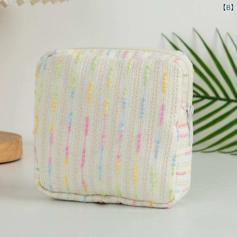 ポーチ レディース 大容量 化粧品 コスメ 生理用品 洗面用品 収納 ストライプ柄 虹色 かわいい メイク道具 旅行用 通気性 ポリエステル 刺繡 おしゃれ 小物入れ [3]