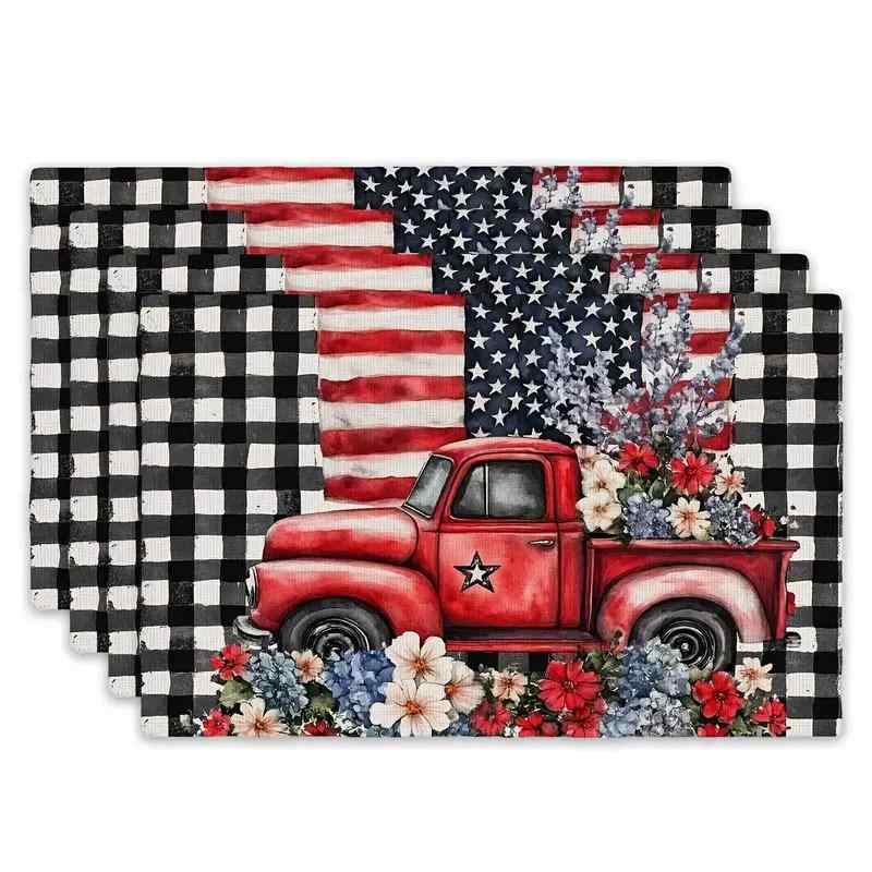 ランチョンマット 星条旗柄 花柄 アメリカンデザイン 独立記念日 パーティー 食卓 キッチン用品 撥水加工 洗える ポリエステル製 耐久性 汚れ防止 ダイニング イベント インテリア(x4)