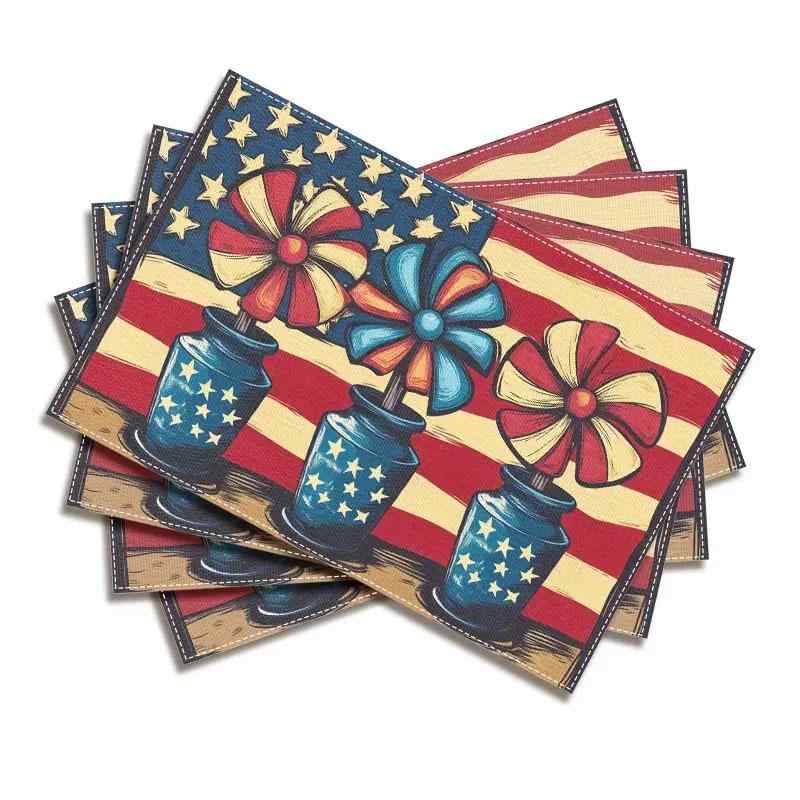 ランチョンマット ポリエステル アメリカン 独立記念日 7月4日 国旗 花柄 パーティー イベント 食卓 ダイニング キッチン テーブルマット 30x45cm(x4)