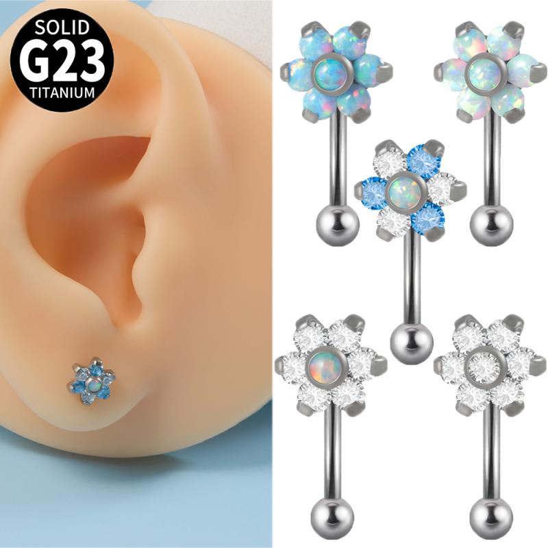 ボディピアス ユニセックス G23チタン製 金属アレルギー対応 インターナル 16G カーブバーベル 軟骨 鼻 眉 耳たぶ ジルコニア オパール 花モチーフ ホワイト ブルー(x2)