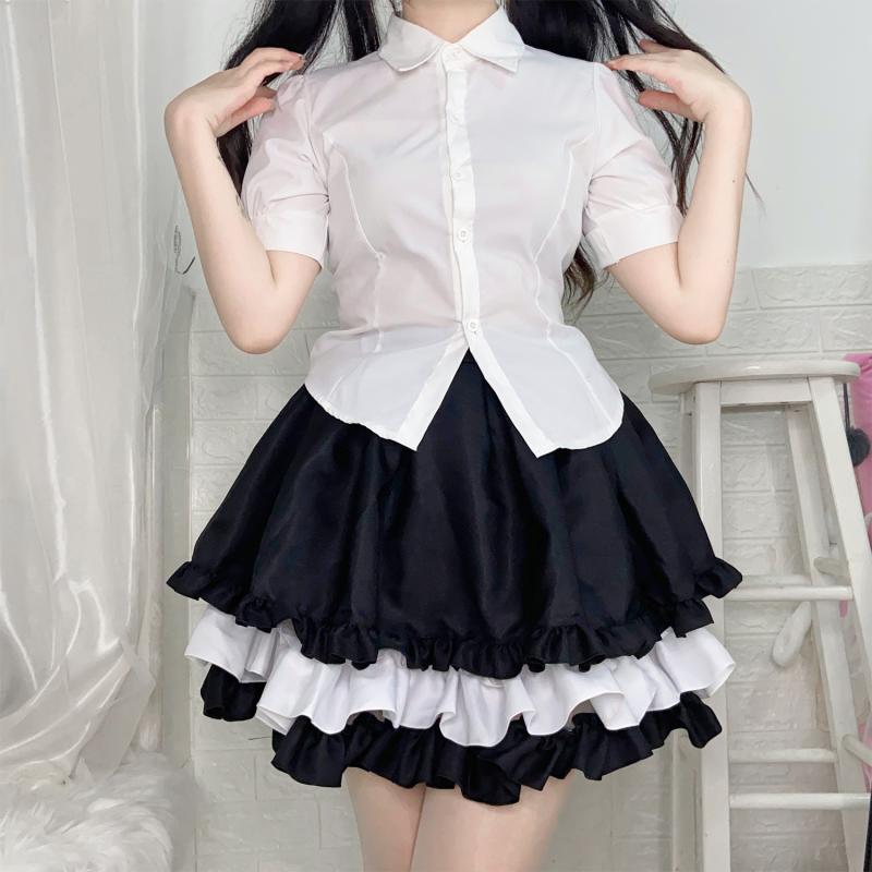 メイド服 レディース 女性用 ロリータ 日系 アニメ風 かわいい プリンセスセット スカート 黒色 白色 ポリエステル素材 コスプレ イベント パーティー 清楚系 スウィート
