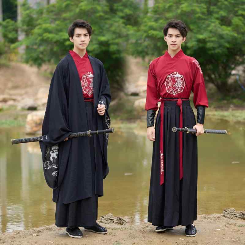 漢服 カップル 男女兼用 ペアルック 伝統 本格 武侠風 飄逸 エレガント ロングガウン 刺繍 大袖 上下セット インナー付き アクリル素材 文化祭 舞台衣装 コスプレ イベント