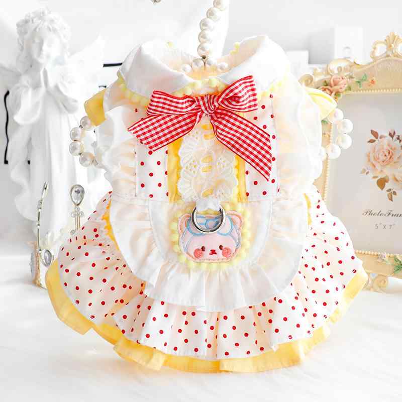 ペット服 小型犬 猫用 春夏 薄手 プリンセスドレス ロリータ風 レッドドット くま柄 牽引用 かわいい おしゃれ コットン イエロー XS S M L XL サイズ