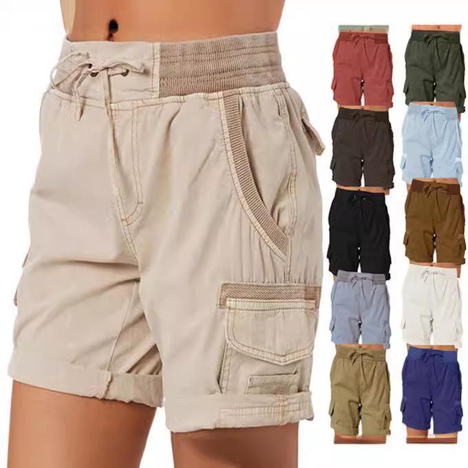 Cotton - ショートパンツ レディース 女性用 ハイウエスト Aライン ゆったり リラックス ワイドシルエット 綿麻 薄手 軽量 快適 カーゴパンツ カジュアルパンツ ポケット付き 普段着 部屋着