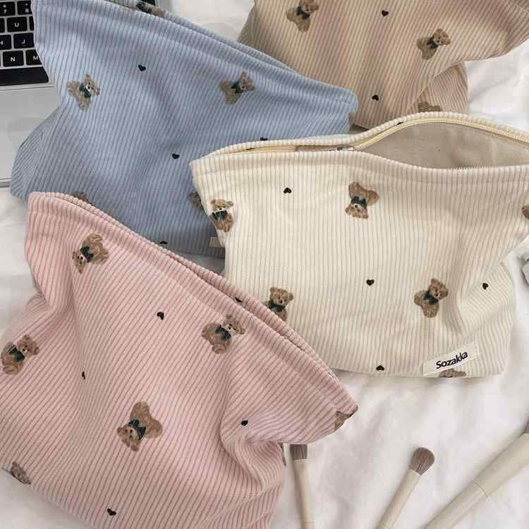 ポーチ レディース 秋冬 かわいい クマ コーデュロイ メイク コスメ 収納 クラッチバッグ 小物入れ デ..