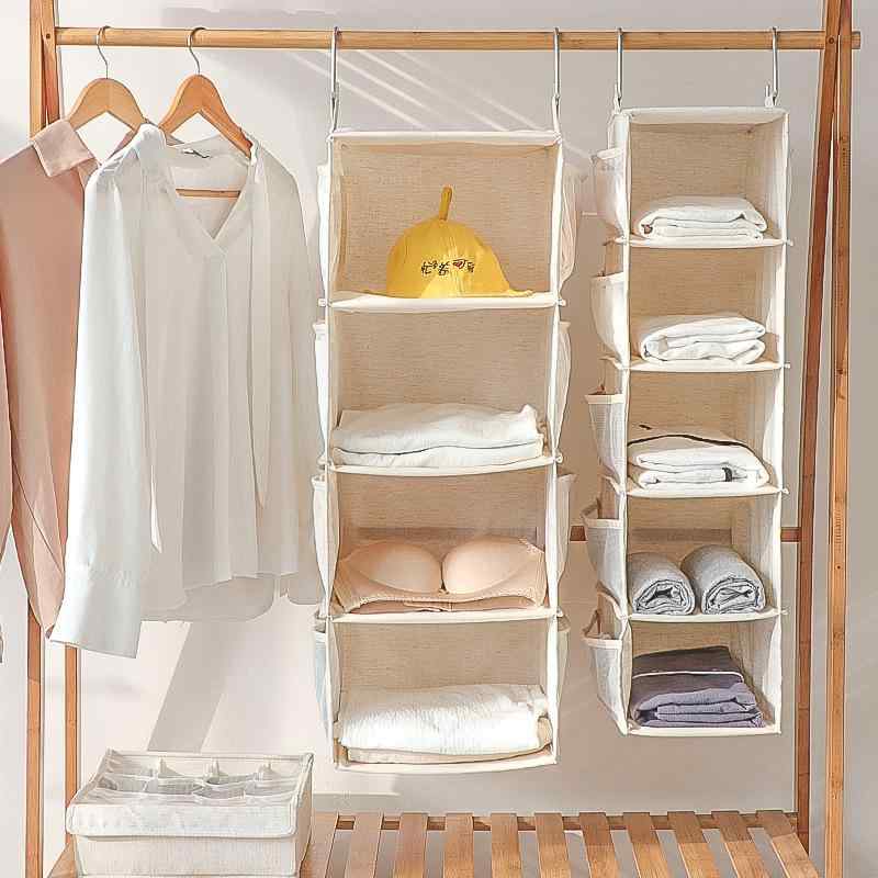 収納 クローゼット 吊り下げ 多段式 洗える 綿麻 布製 立体型 大容量 省スペース 多用途 衣類 下着 ブラジャー 靴下 鞄 小物 整理袋