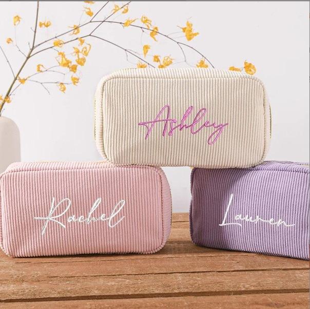 化粧ポーチ 男女兼用 軽量 大容量収納 刺しゅう 縦縞 ストライプ コーデュロイ キャンバス裏地 シンプ..
