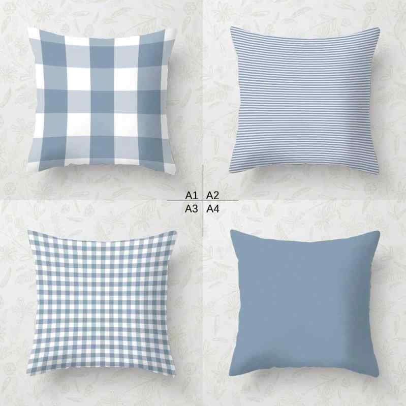 クッションカバー 爽やか ブルー ストライプ柄 チェック柄 無地 ベロア調 肌触りなめらか モダン シンプル ソファ リビング インテリア 模様替え 45x45cm(x2)