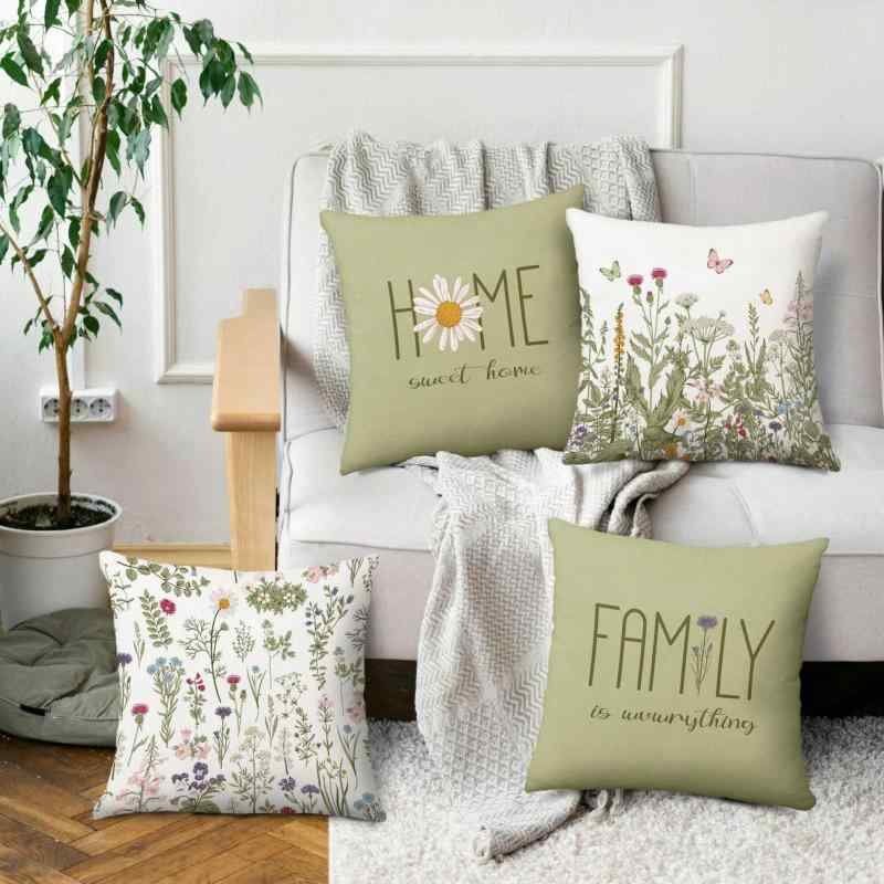 クッションカバー ピローケース 春夏 花柄 蝶柄 北欧風 リネン 麻 45x45cm 正方形 リビング ソファ 寝..