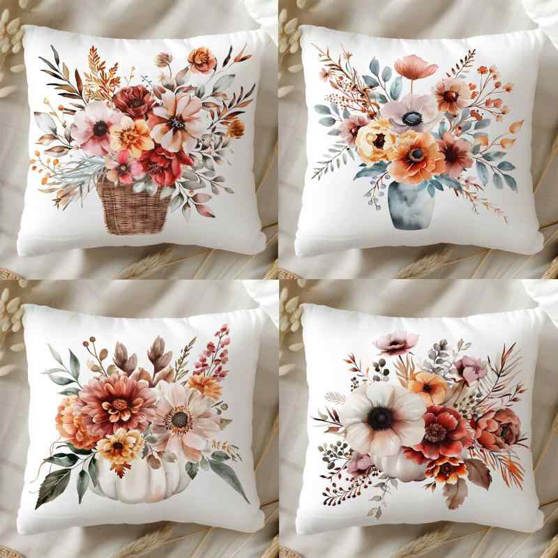 クッションカバー リビングルーム ソファ用 フラワーアレンジメント柄 秋冬 フランネル素材 上品 エレ..