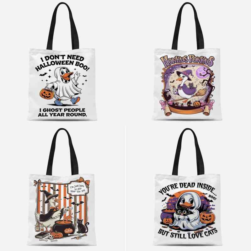 トートバッグ ハロウィン ダックプリント 丈夫なキャンバス生地 手提げ 肩掛け A4対応 通勤 通学 学生 社会人 ユニーク かわいいデザイン(x2)