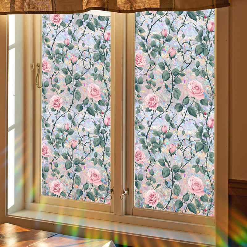 窓用フィルム 鳥衝突防止 静電吸着 サンキャッチャー 虹色 レインボー ピンク ローズ バラ 目隠し UVカット 貼ってはがせる PET素材 モダン おしゃれ リビング 玄関 オフィス 店舗(x3)