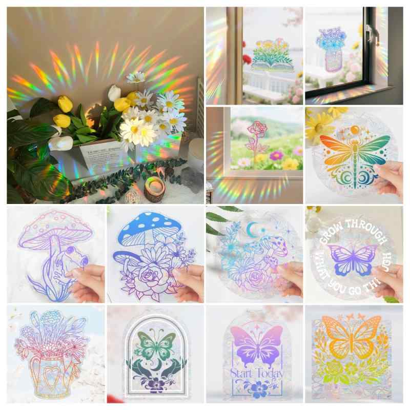 ガラスフィルム 静電 貼るだけ 貼り直し可能 目隠し 光を通す サンキャッチャー 蝶 薔薇 北欧風 おしゃ..