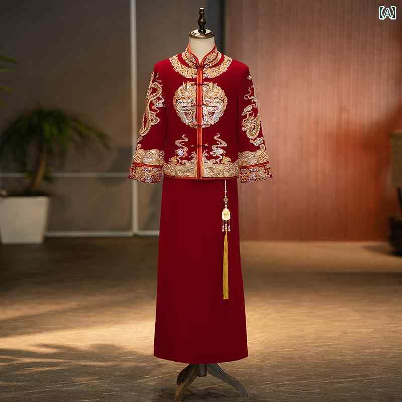 婚礼衣装 メンズ 秀禾服 龍鳳褂 新郎 結婚式 披露宴 乾杯衣装 中国式 中国風 レトロ 復古 赤 レッド ポリエステル 唐装 漢服