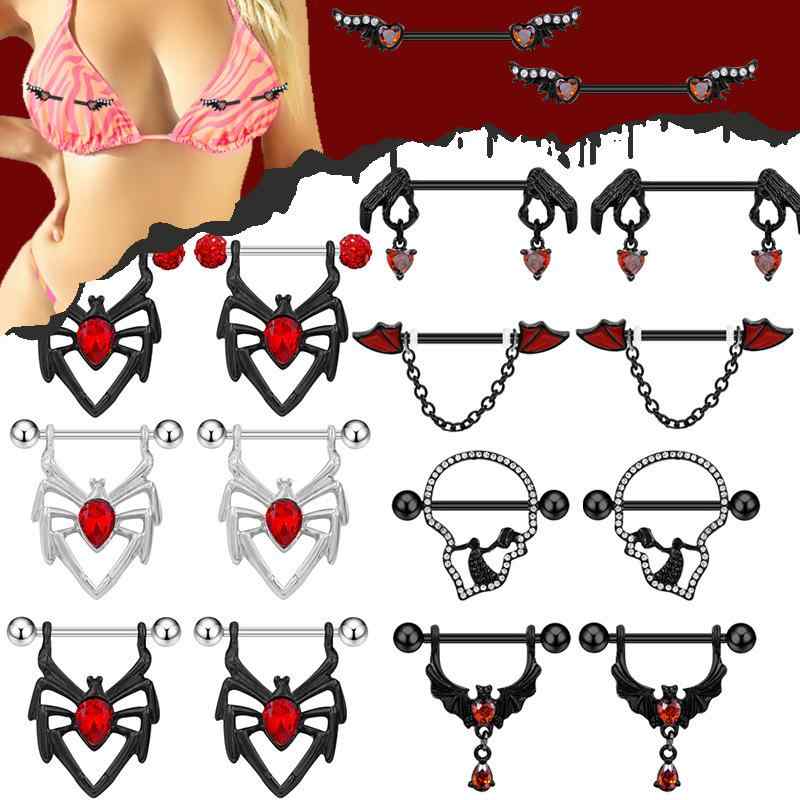 ニップルピアス 男女兼用 ステンレス製 春夏 ダーク系 ゴシック パンク スパイダー コウモリ セクシー ニップルリング ニップルバーベル ハロウィン(4)