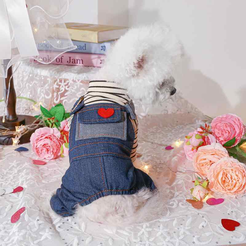 ペット 犬 猫 デニム オーバーオール サロペット ロンパース バレンタイン くまモチーフ ハート柄 スト..