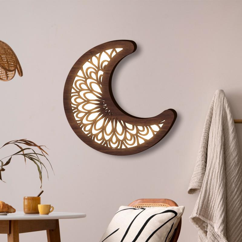 ウォールデコレーション ボヘミアンスタイル 立体 木製 透かし彫り 三日月 LEDライト おしゃれ 玄関 リビング 寝室 インテリア 常夜灯