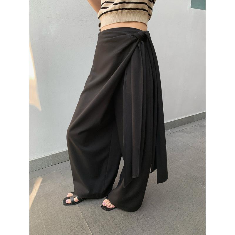 カジュアルパンツ レディース ワイドパンツ デザイン ドレープ ロング丈 細見え ハイウエスト ストレッチ 通勤 オフィス ポリエステル レーヨン混 日韓風 シンプル 切り替え