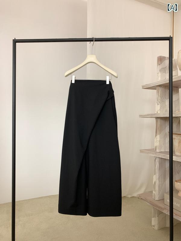 カジュアルパンツ レディース ワイドパンツ デザイン ドレープ ロング丈 細見え ハイウエスト ストレッチ 通勤 オフィス ポリエステル レーヨン混 日韓風 シンプル 切り替え