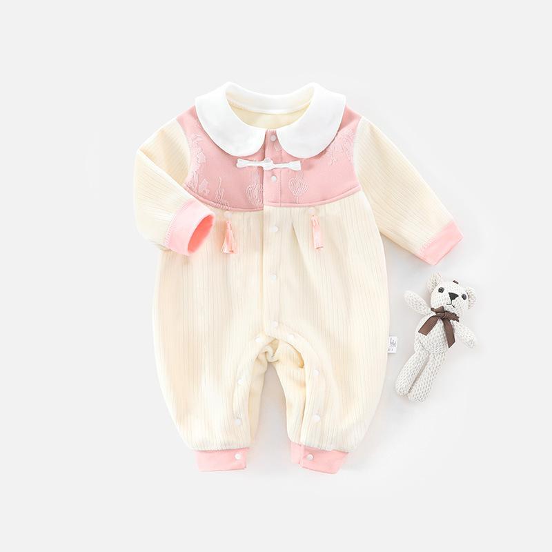 ロンパース ベビー 男の子 女の子 男女兼用 無縫製 シームレス 純綿 コットン 厚手 中国風 チャイナ風 長袖 前開き スナップボタン カバーオール お宮参り お食い初め 百日祝い 春秋