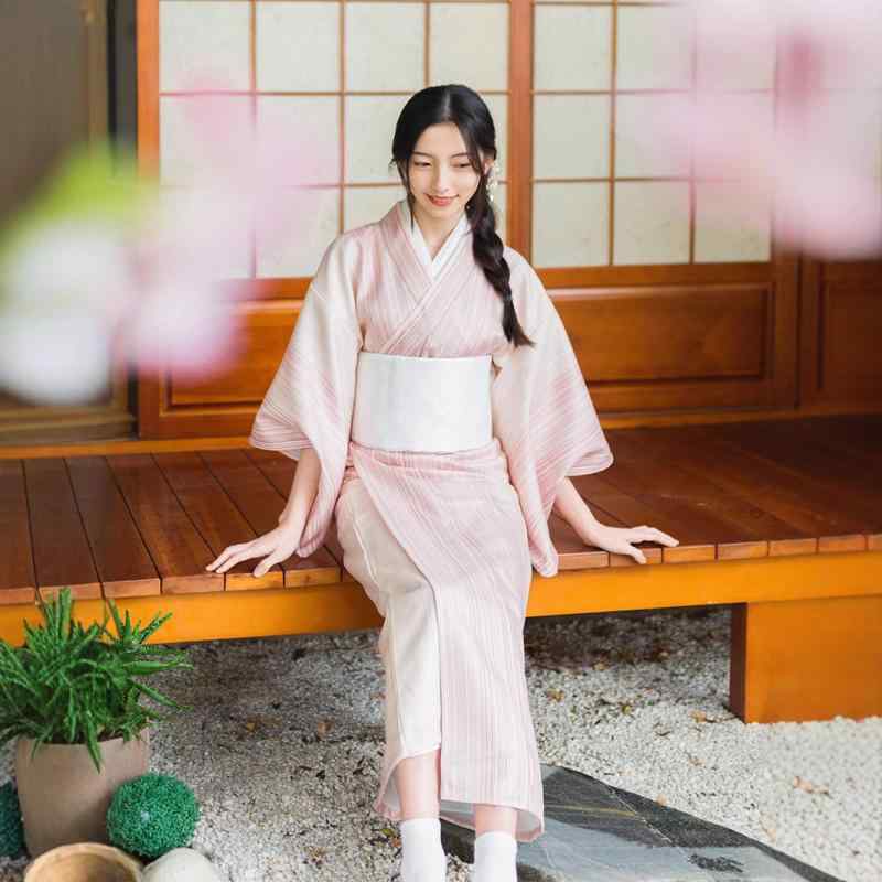 和服 着物 レディース 女性用 ピンク ストライプ エレガント 上品 セット 改良版 簡単着付け フォーマル ポリエステル 防シワ 撮影用 フルセット 蝶結び 和風