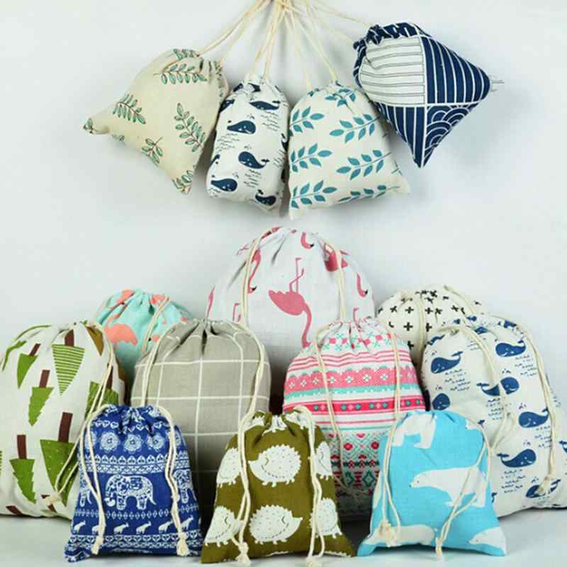 巾着袋 多機能 トラベルポーチ 旅行用 コットンリネン製 収納ポーチ 小物入れ 下着収納 コスメポーチ 衣類整理 おしゃれ かわいい 綿麻 プリント(x3)