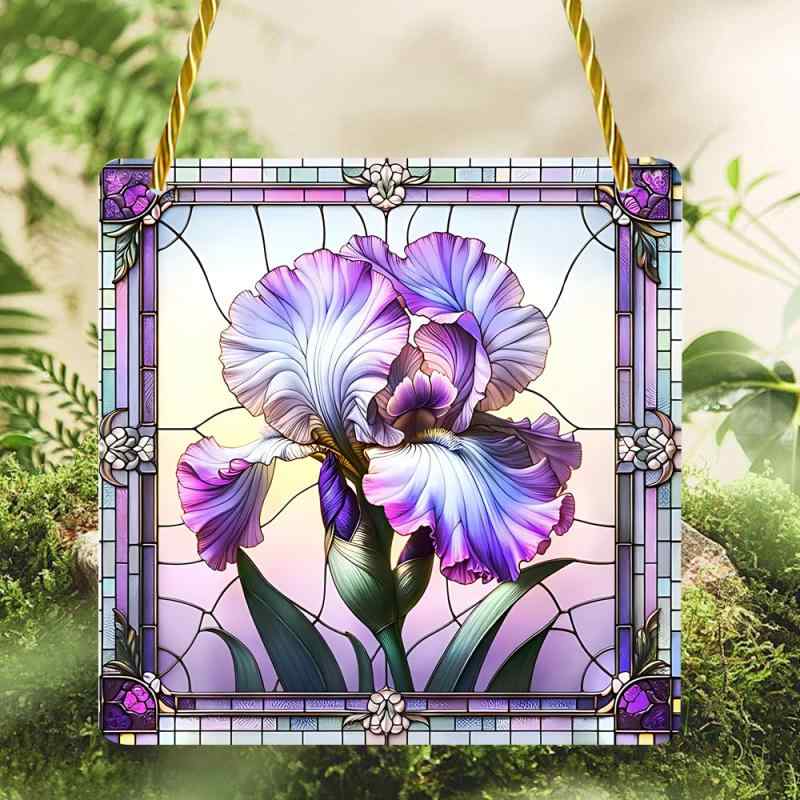 サンキャッチャー アクリル製 スクエア アイリス 窓飾り 玄関飾り インテリア ホームデコレーション 車内用 プリント 20cm ギフト プレゼント(x2)