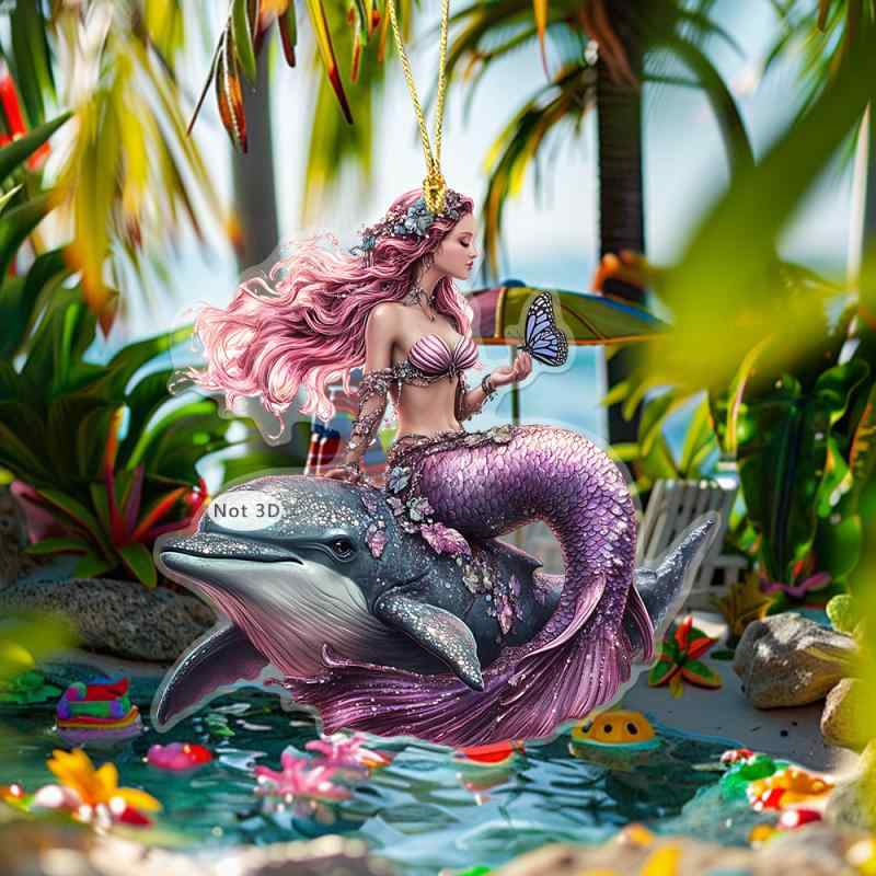 車載用吊り下げ飾り マーメイド 人魚 アクリル製 平面 ピンクパープル かわいい ドリーミー ファンタジー 車内装飾 ルームミラー スウィート キュート カートゥーン風 海洋生物モチーフ プリント(x2)