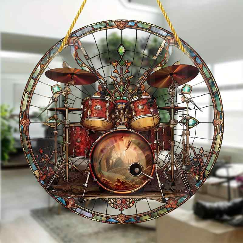 ウォールデコ ドラムセット アクリル製 レトロ 円形 音楽アート 軽量 吊り下げ 壁掛け インテリア おしゃれ ハンギング オーナメント チェーン付き プレゼン...