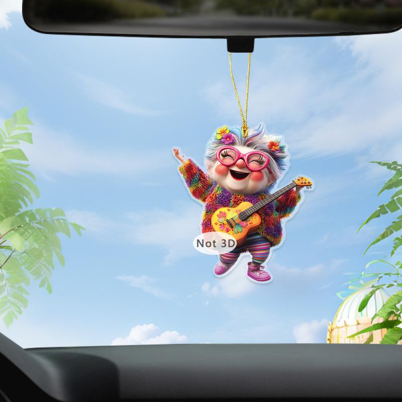 キーホルダー レディース 女性用 アクリル製 2D ギターを弾くおばあちゃん かわいい レトロ おしゃれ バッグチャーム キーリング リュックサック 車内アクセサリー カーグッズ ルームミラー飾り(x2)