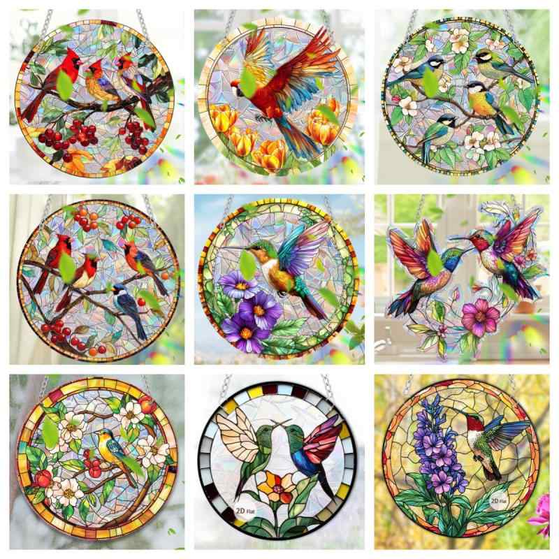 サンキャッチャー 七羽の鳥 カラフル アクリル ステンドグラス風 窓飾り 吊り下げ 円形 ウォールデコ ..