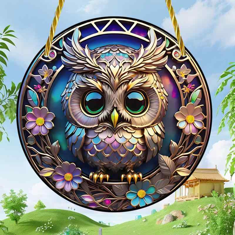 吊り下げ飾り アクリル製 猫頭鷹 ふくろう 花 ジュエル 円盤型 幻想的な雰囲気 窓辺 装飾 屋外 玄関 ポ..