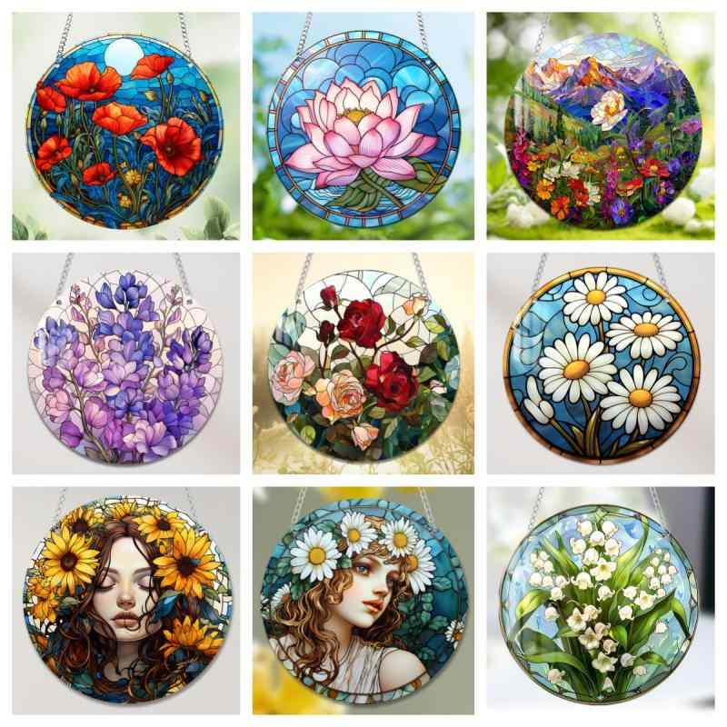 ウォールデコレーション カラフル 花柄 フラワー 円形 ラウンド アクリル チェーン 吊り下げ オーナメ..