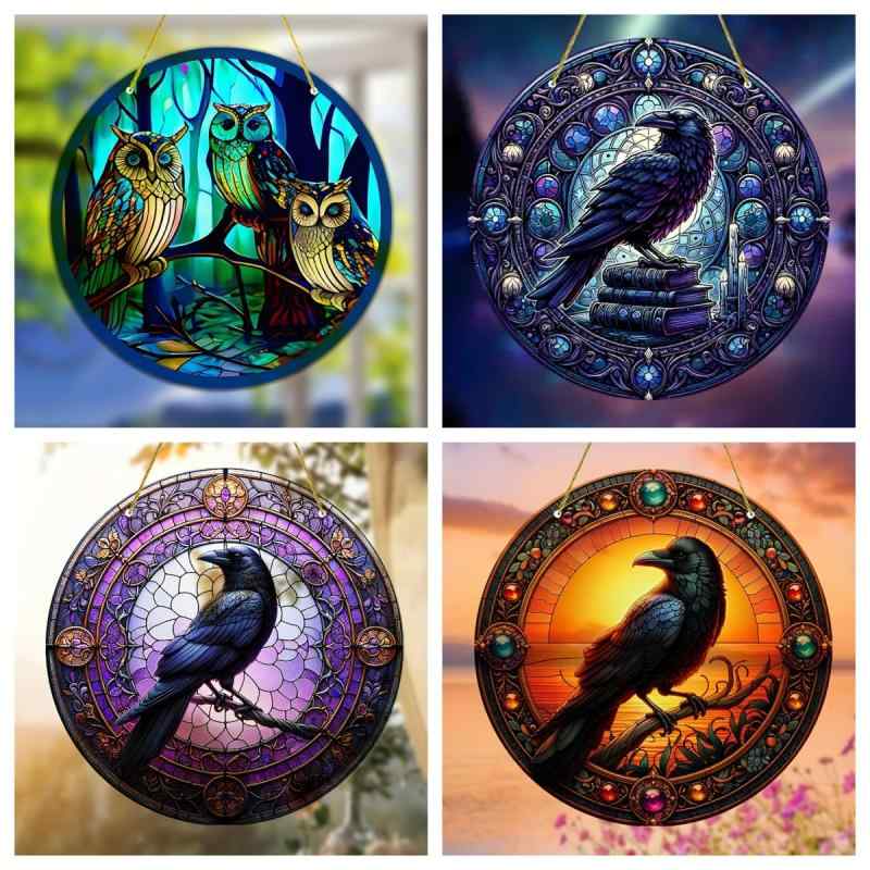 窓飾り 壁掛け ハロウィン ゴシック ダーク カラス フクロウ 鳥 サンキャッチャー アクリル カラフル ..