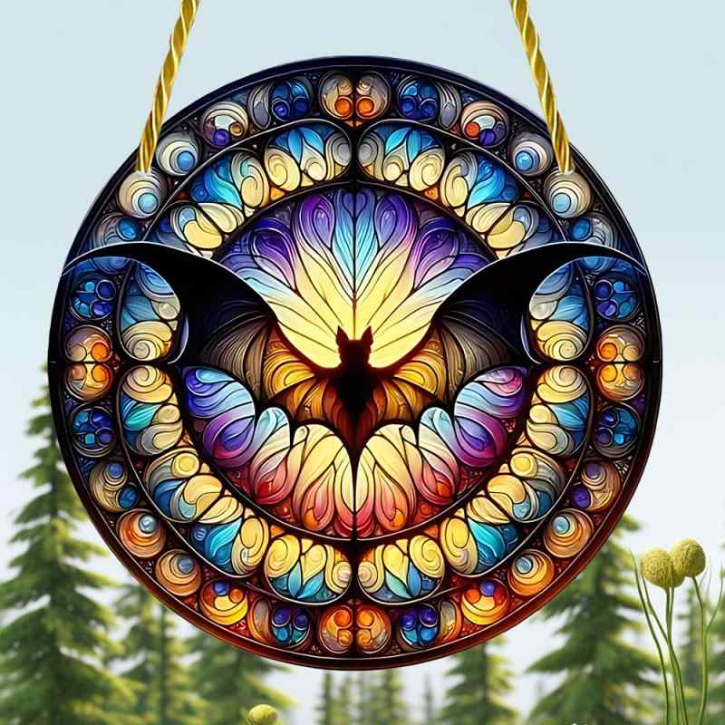 ハロウィン コウモリ ステンドグラス風 カラフル 吊り下げ アクリル製 オーナメント ガーランド ガーデン ポーチ 玄関 室内 屋外 店舗装飾 イベント デコレーション(x2)