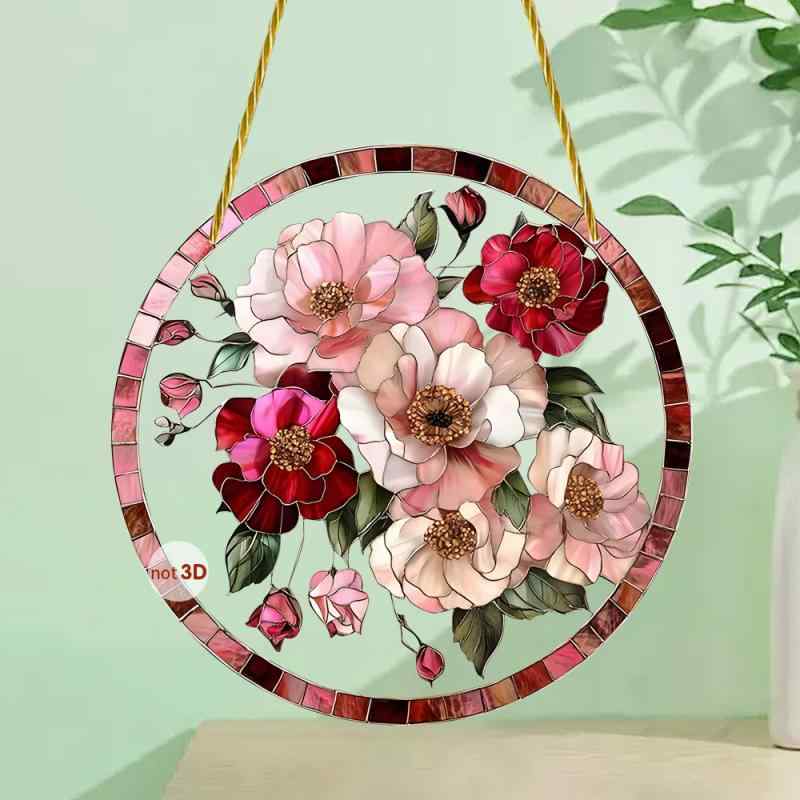 オーナメント アクリル製 ステンドグラス風 カラフル 牡丹 花柄 丸型プレート 紐付き 車内装飾 バレンタインギフト インテリア おしゃれ(x2)