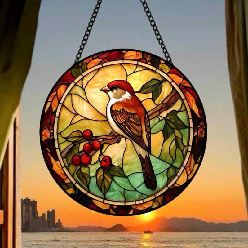 サンキャッチャー スズメ 小鳥 ステンドグラス ガラス細工 円形 丸型 ハンギング オーナメント 屋外 玄関 ポーチ 窓辺 インテリア雑貨(x2)