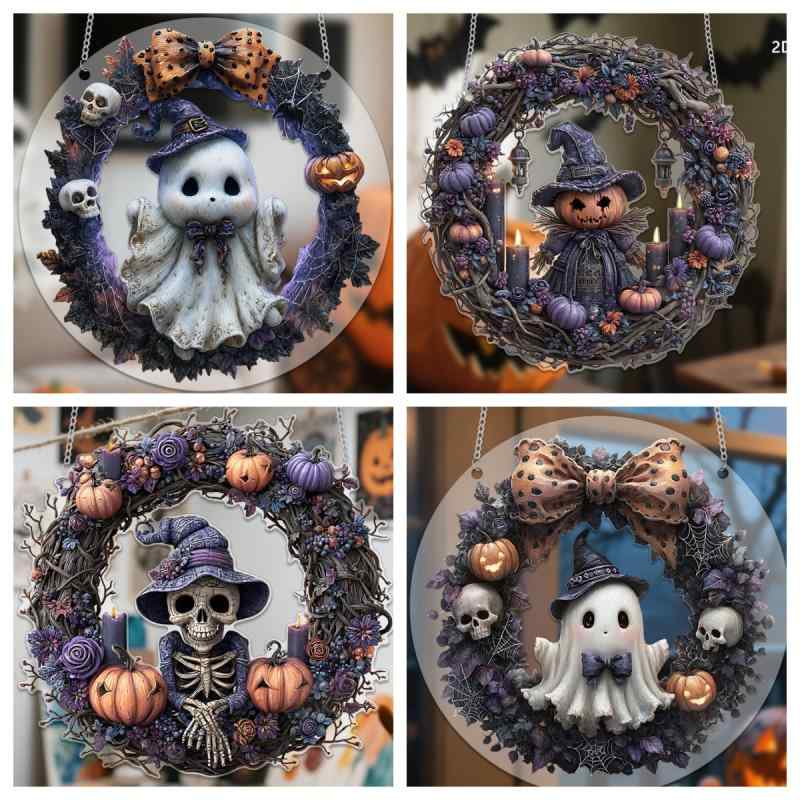 サインプレート ハロウィン ゴースト 魔女 アクリル製 ラウンド型 吊り下げ 軽量 窓用 ドア用 玄関用 室内 屋外 装飾品(x2)