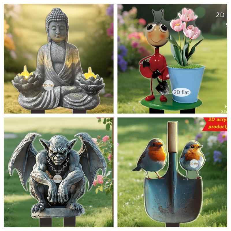 ガーデンオーナメント 動物モチーフ アリ 小鳥 2D アクリル製 かわいい ユニーク ポップなデザイン 屋外 庭 ガーデン 芝生 庭園 エントランス 装飾 オブジェ 飾り(x2)