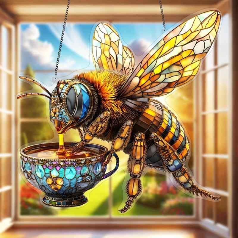 オーナメント 蜜蜂 コーヒー アクリル製 2D平面 かわいい おしゃれ インスタ風 車用 吊り下げ飾り チェーン付き インテリア雑貨 ギフト プレゼント(x2)