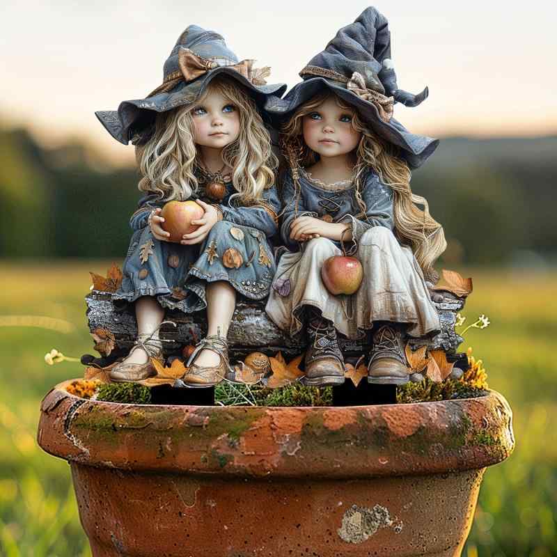 ガーデンピック ハロウィン アクリル製 かわいい 魔女 女の子 二人組 屋外用 庭 玄関 デコレーション オブジェ おしゃれ アメリカンカントリー ガーデニング 雑貨(x2)