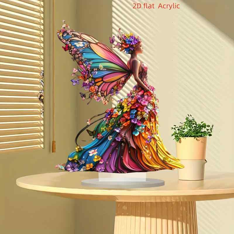 卓上オブジェ カラフル 蝶 妖精 2D アクリル製 プレート スタンド 台座付き インスピレーション 開運 縁起物 アメリカンカントリー風 デザイン 約20×25cm 玄関 リビング インテリア 飾り(x2)(3)