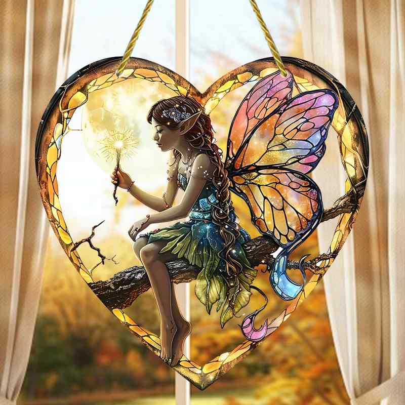 オーナメント サンキャッチャー ステンドグラス風 アクリル製 七色 魔法 フェアリー おしゃれ 個性的 ガーデン 屋外 吊り下げ 飾り インテリア デコレーション(x2)