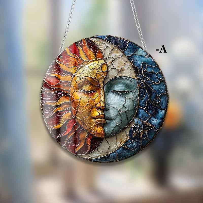 吊り飾り 陰陽 太陽 月 女神 彩絵 円盤 アクリル製 チェーン付き グラフィック 窓飾り 玄関 ドアプレー..