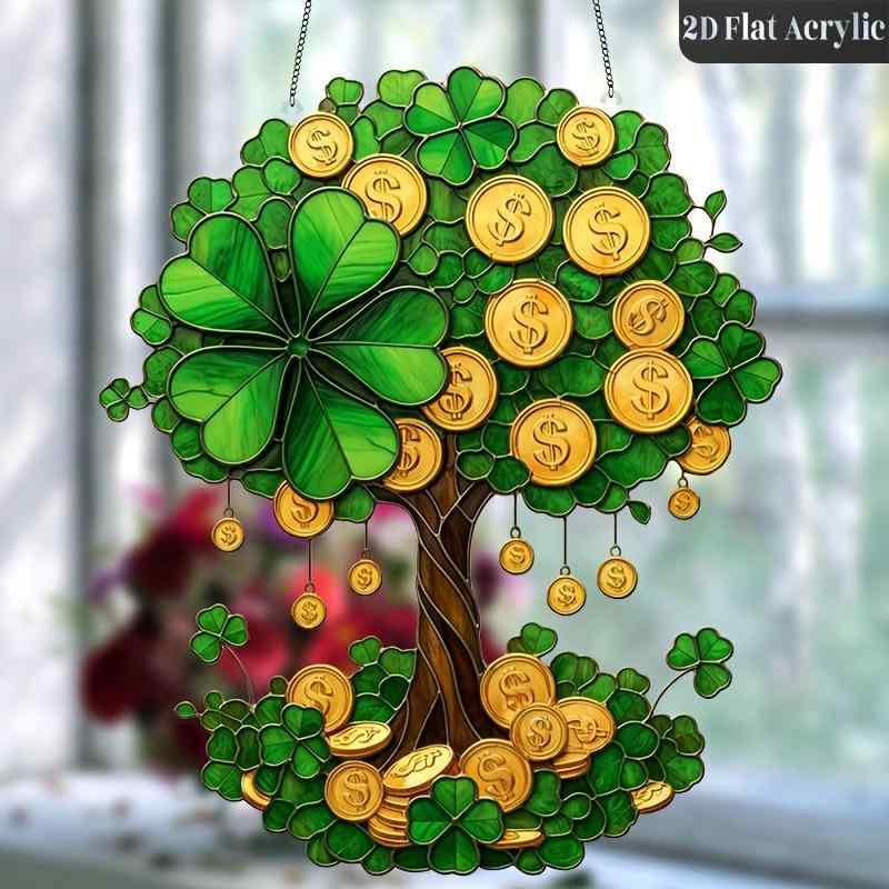 風水 開運 ラッキーアイテム アクリル オーナメント 四つ葉のクローバー 金のなる木 植物モチーフ 窓 ..