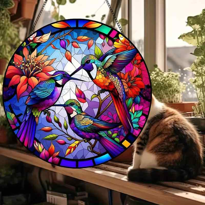 ガーデンオーナメント 3羽のハチドリ アクリル製 カラフル レトロ ヴィンテージ 丸型 円形 窓辺 庭園 ..