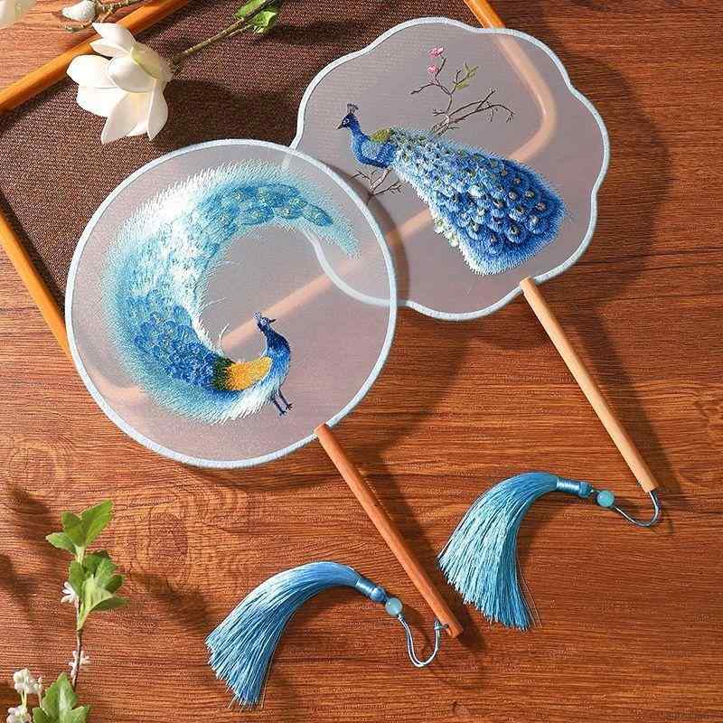 扇子 レディース 女性用 子供用 キッズ 接触冷感 両面刺繍 耐久性 木製 古風 漢服 中国風 レトロ 半透..