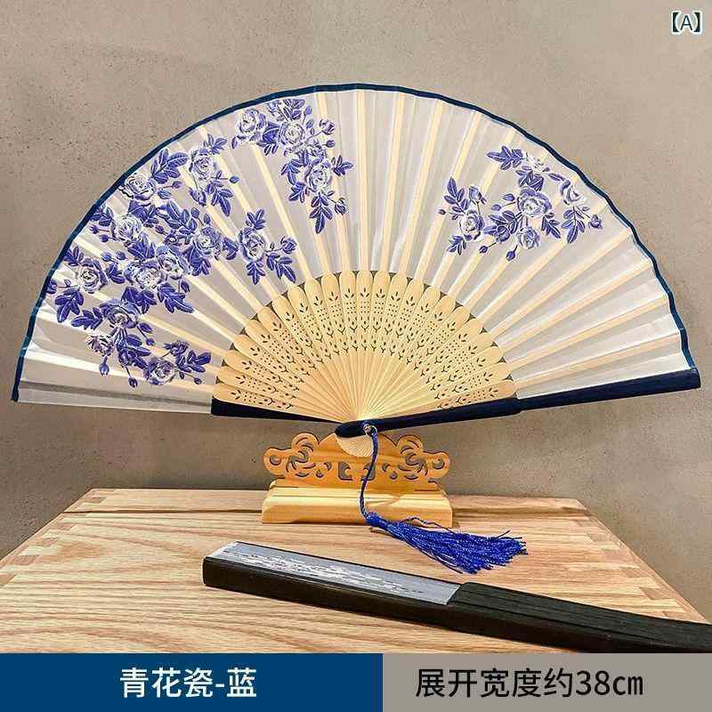扇子 レディース キッズ 折りたたみ 竹製 軽量 携帯用 タッセル付き 春夏 中国風 古風 青花磁柄 漢服 チャイナドレス ダンス用 おしゃれ 涼しい